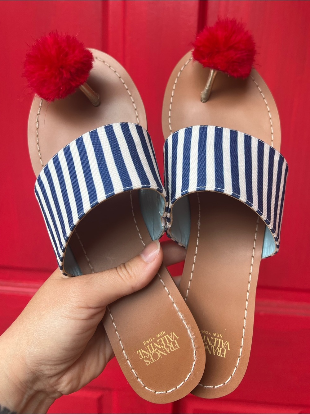 Frances Valentine New York Striped Pom-Pom Slide Sandals Red Navy White Stripes